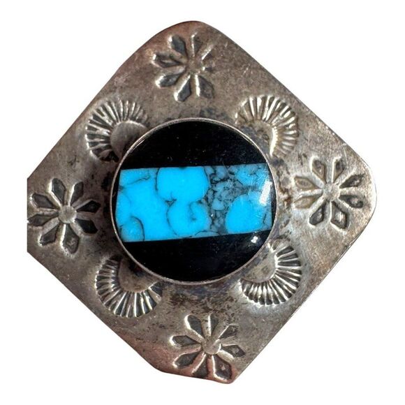 Vintage Silver Clip-On Earrings Mexico Turquoise Onyx Inlay Square Southwest - Picture 3 of 6
